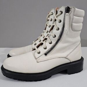 Aquatalia Laila Combat Boot Women 6 Ivory Leather Water Resistant Ankle Lug Sole